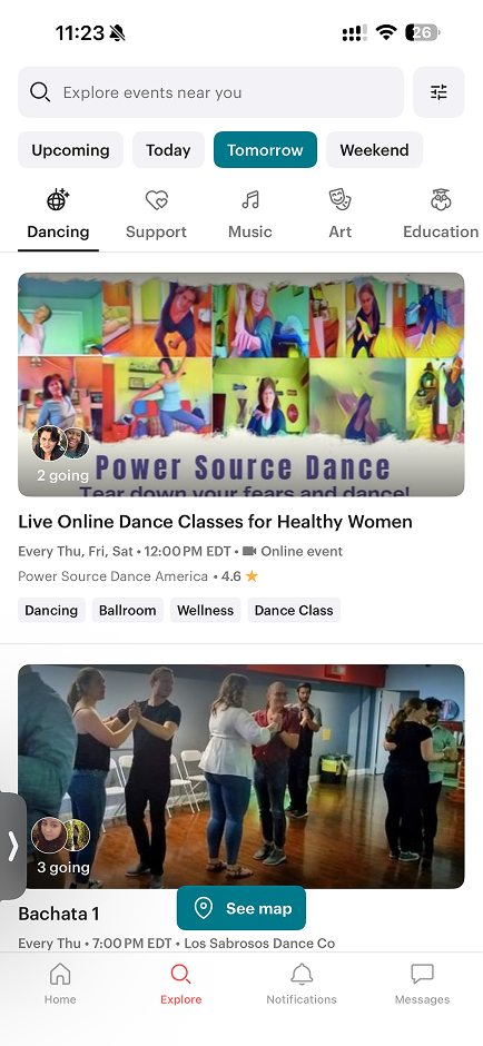 A location-based events app — browsing nearby classes and meetups