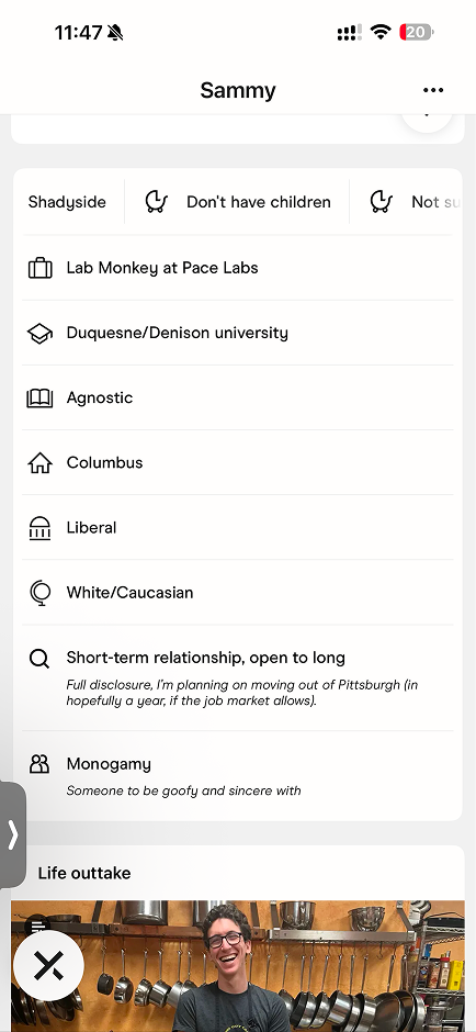 A dating profile with detailed about-me attributes
