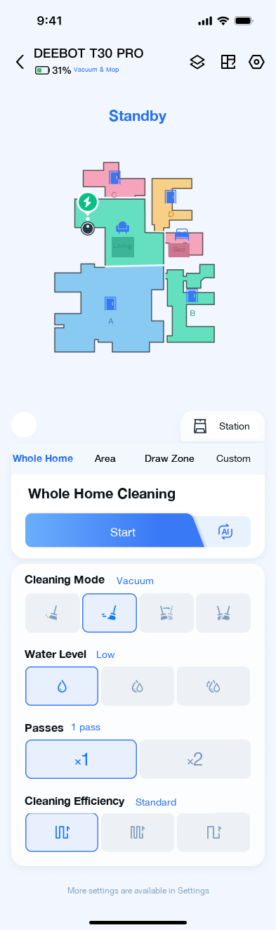A dozen manual cleaning settings — mode, water level, passes, efficiency