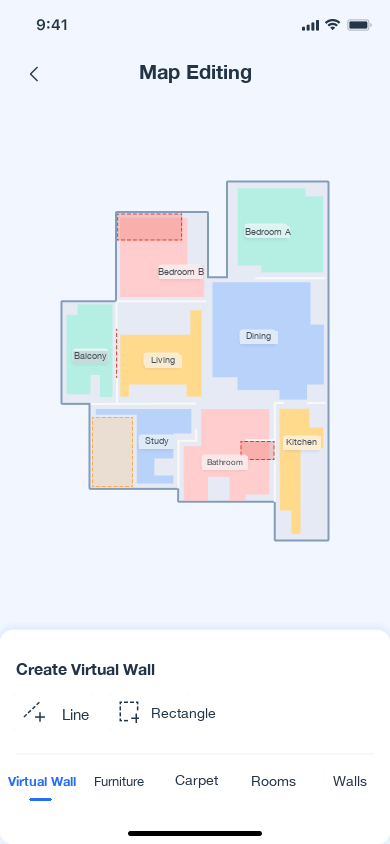 Map editor — splitting rooms and drawing virtual walls by hand