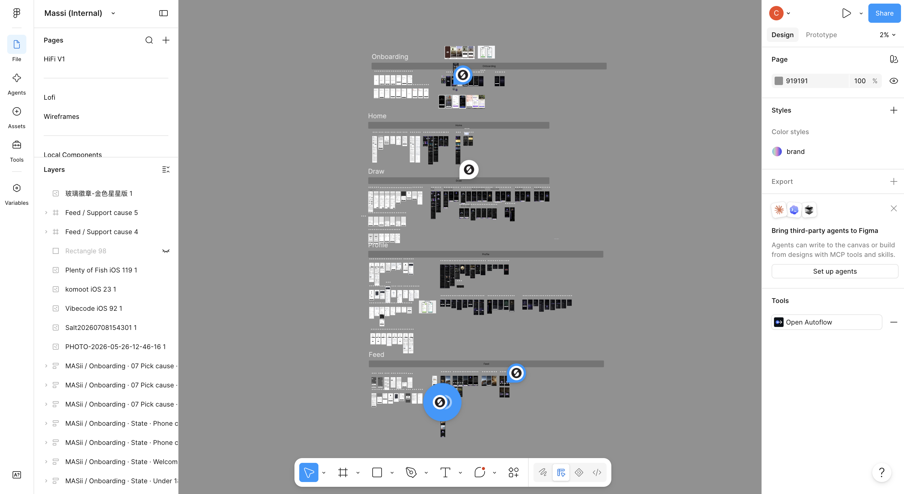 The Figma file organized by module: five sections mirrored across lo-fi and hi-fi