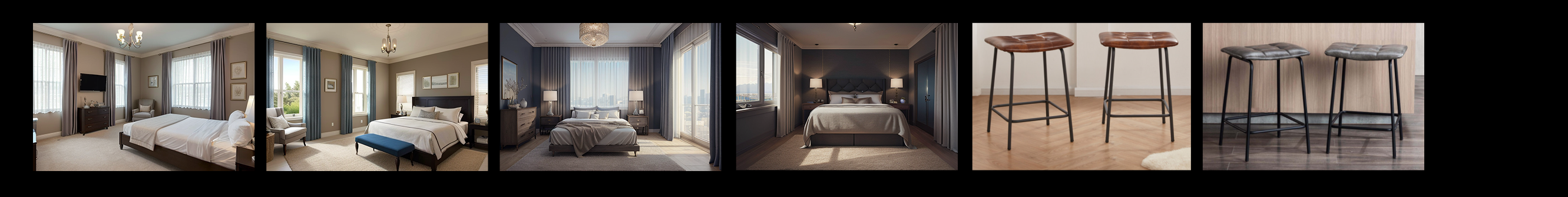 A horizontal strip of six AI-generated interiors — bedrooms in varied styles and a set of bar stools
