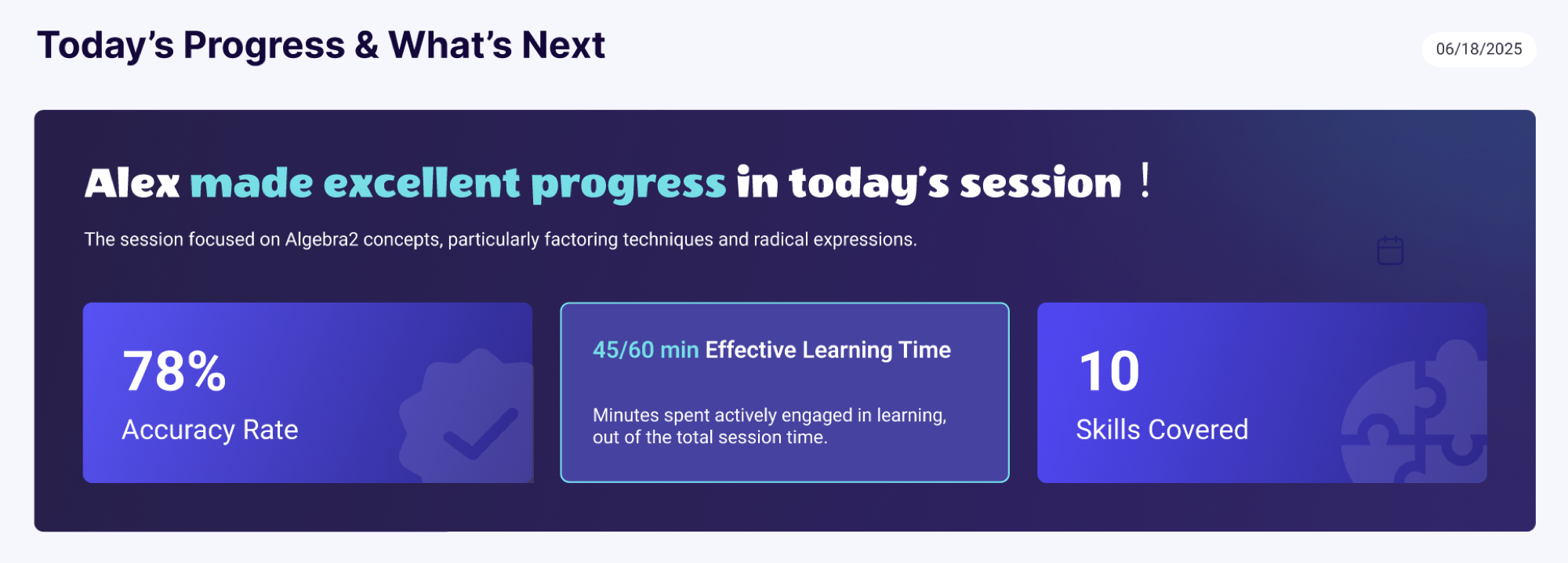 Today's progress — accuracy, effective learning time, and skills covered